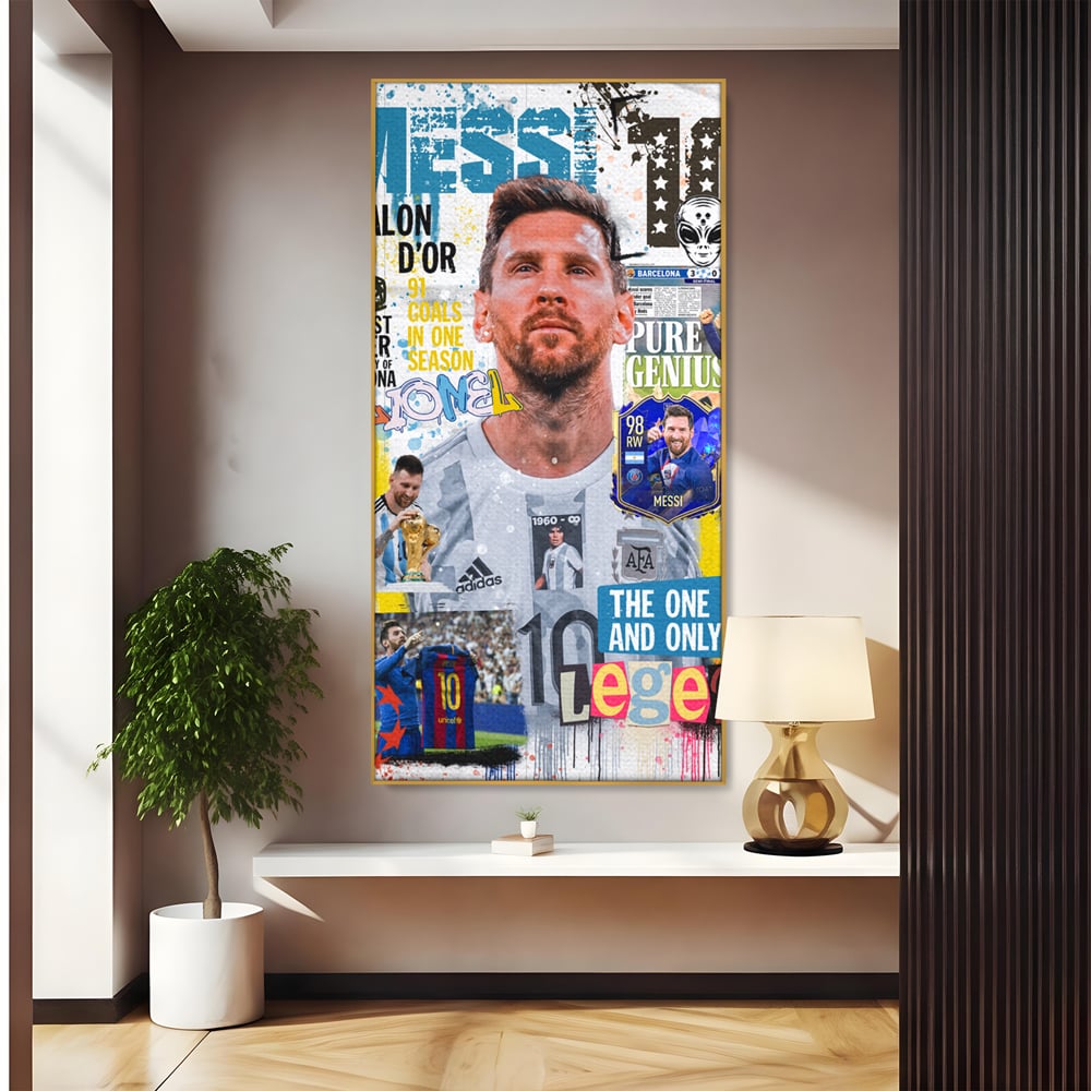Tablou canvas cu tablou canvas cu lionel messi, in rama de aluminiu auriu